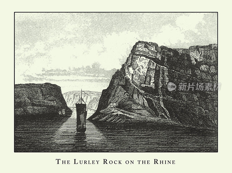 雕刻古董，莱茵河上的Lurley岩石，洞穴和岩层雕刻古董插图，1851年出版