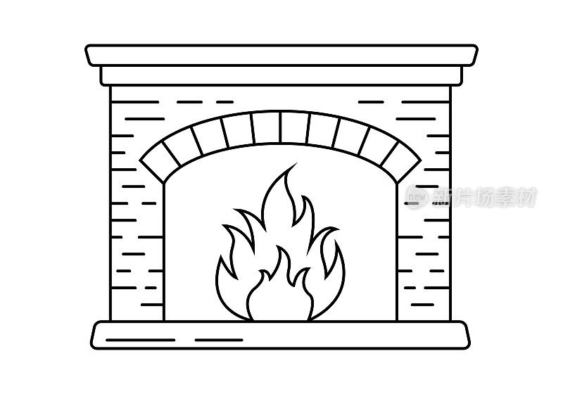 壁炉轮廓图标与燃烧的火焰。矢量插图。