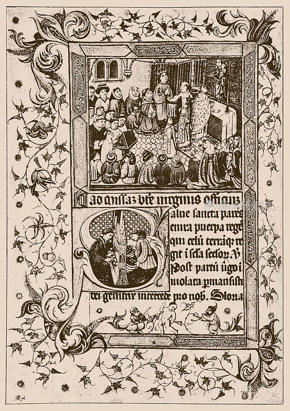 阿方索五世和他的宫廷一起参加弥撒。文字的首字母是S，一个人在演奏风琴，另一个人在吹风箱
