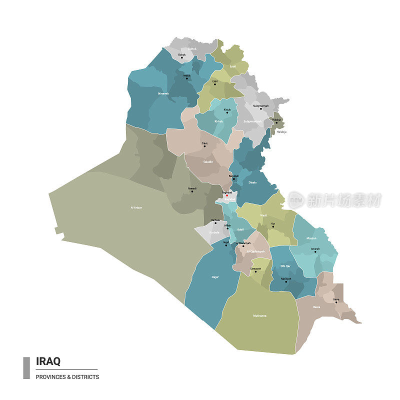 伊拉克高详细地图与细分。行政地图伊拉克与地区和城市名称，颜色由州和行政区。矢量插图。