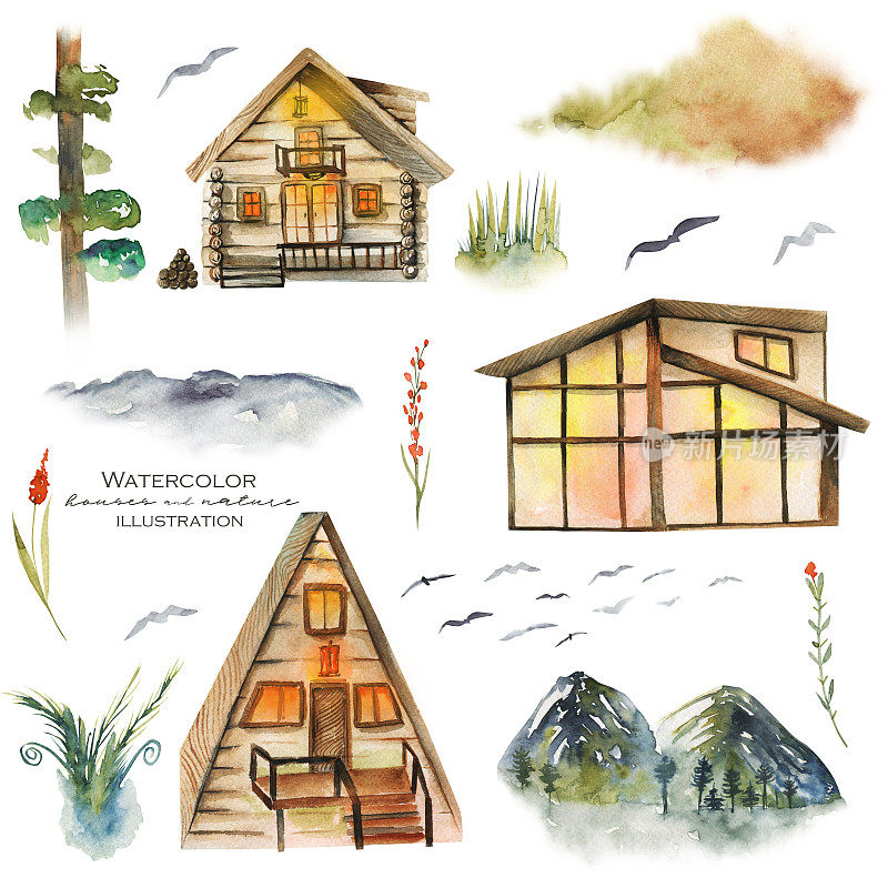 收集水彩森林房子，村舍和自然元素，手绘孤立的白色背景插图