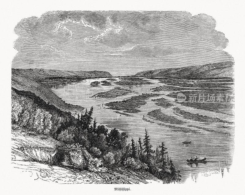 美国伊利诺斯州纳沃附近的密西西比河，木刻，1868年出版
