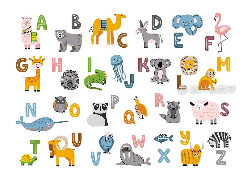 字母与可爱和有趣的动物。卡通动物园与儿童教育的信件。卡通矢量插图。