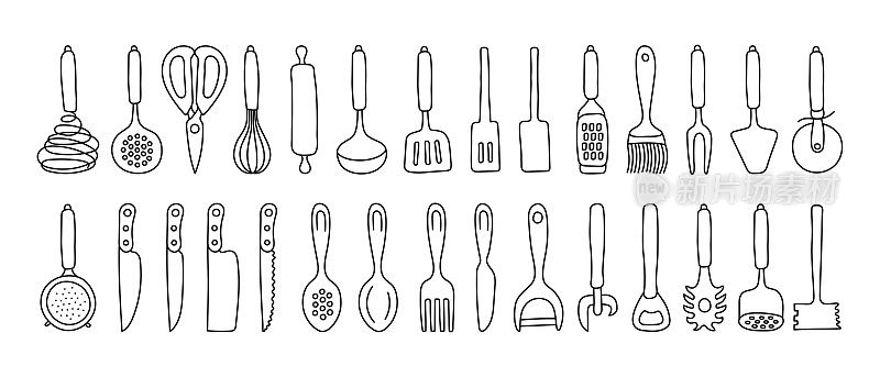 厨具素描集。涂鸦黑色线向量厨房用具，工具和餐具。搅拌器，槽勺，剪刀，勺子和抹刀。筛子、刀、匙、叉、削皮器和开瓶器