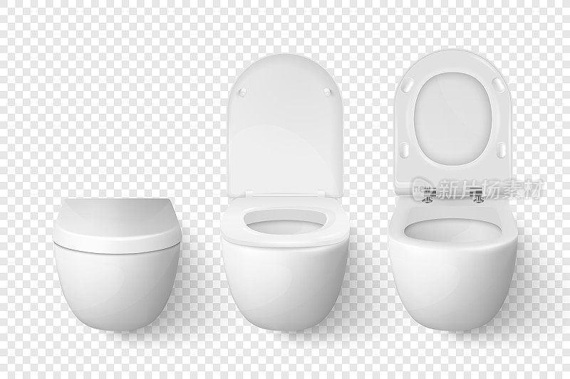矢量3d现实白色陶瓷关闭，打开马桶与盖子设置在透明的背景。卫生间的房间。采购产品管道，模型，室内，清洁，卫生概念的设计模板。前视图