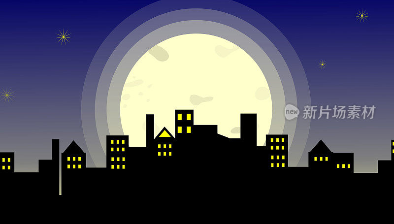 以月亮和夜空为背景的4K城市剪影。