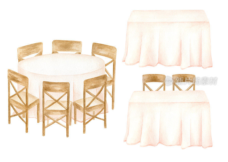 水彩宴会桌子插图设置。手绘圆形，矩形桌子，粉彩桌布和木椅孤立在白色。优雅的设计草图。婚宴、晚宴。