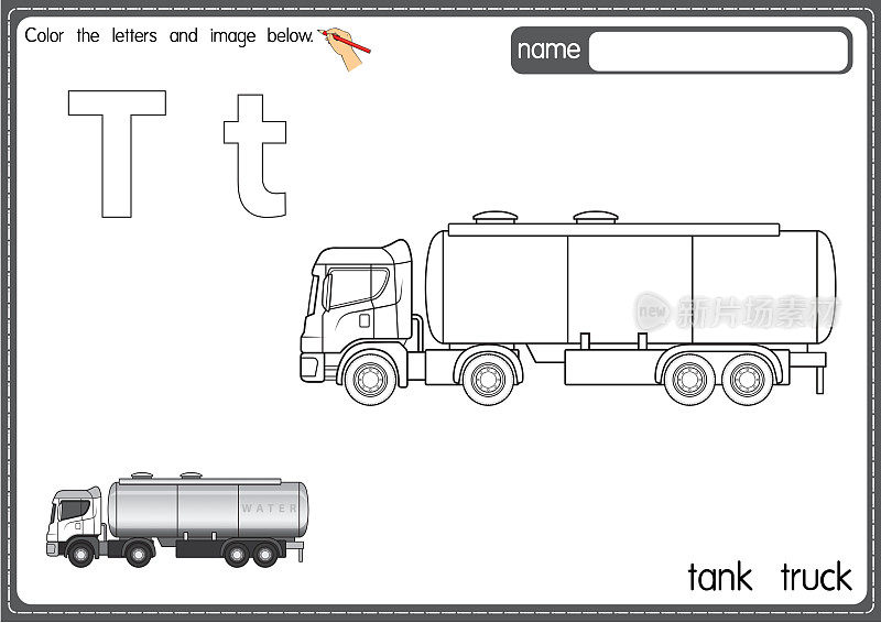 矢量插图的儿童字母着色书页与概述剪贴画，以颜色。字母T代表油罐车。