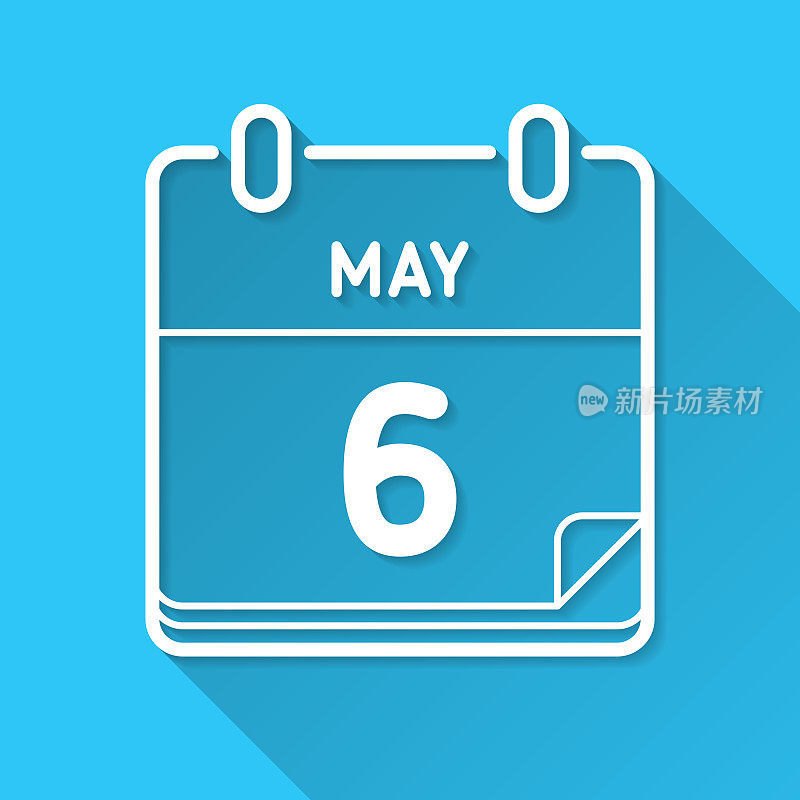 5月6日。蓝色背景上的图标-长阴影平面设计