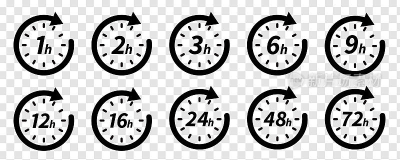 个小时时间图标。一个小时，24小时和72小时的徽章。有限的时钟和工作时间。截止日期隐喻图标，计时器时钟或时间测量界面。孤立符号向量集