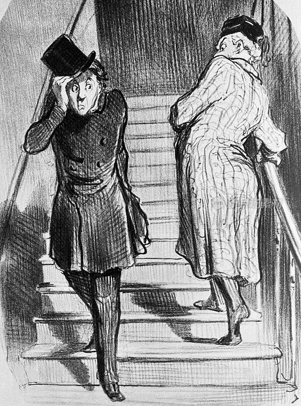一名男子在楼梯井里向一名女子致意，他举着帽子，说她是拖欠付款的人