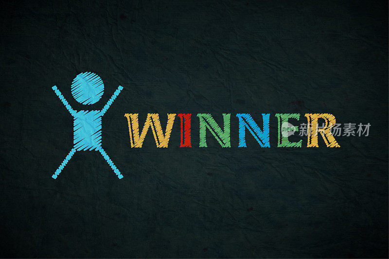 一个暗黑色的水平矢量背景与一个卡通抽象人物或象征性的人和文本胜者在鲜艳的颜色亮黄色,蓝色,红色和绿色潦草粉笔画或刺绣