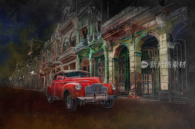 老爷车在古巴哈瓦那旧时的水彩画