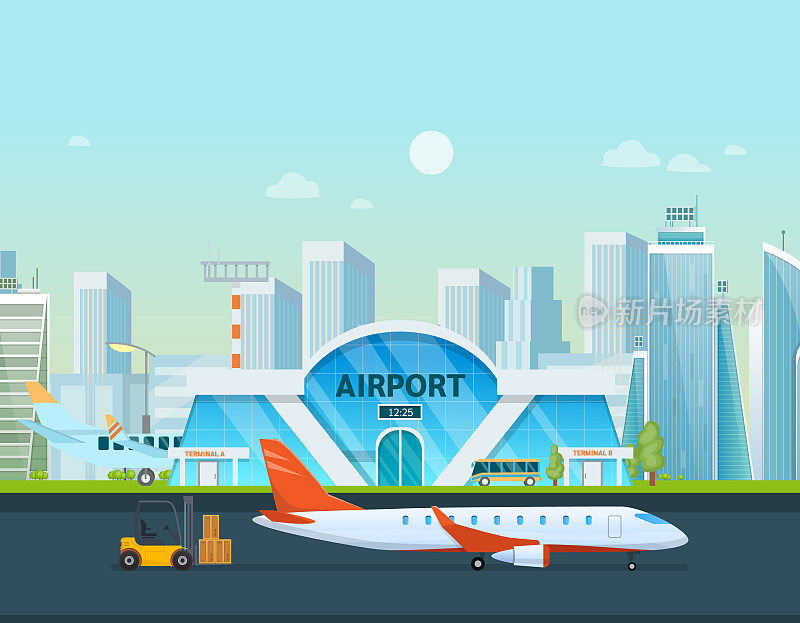 机场候机楼及飞机、出租车、汽车、装载机。