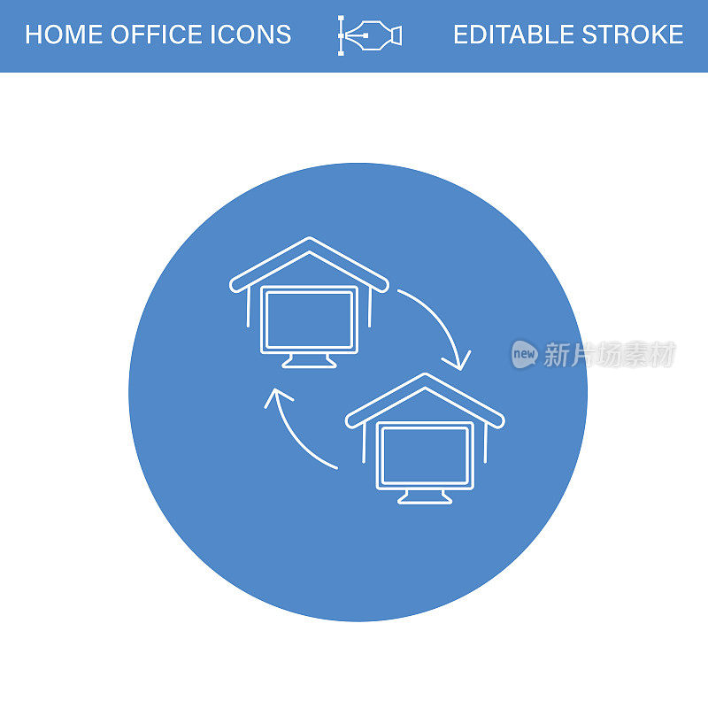 在透明背景的蓝色圆圈上的家庭办公室线路图标