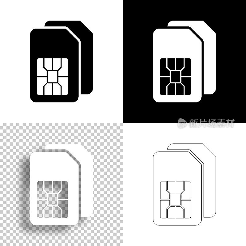 双SIM卡。图标设计。空白，白色和黑色背景-线图标
