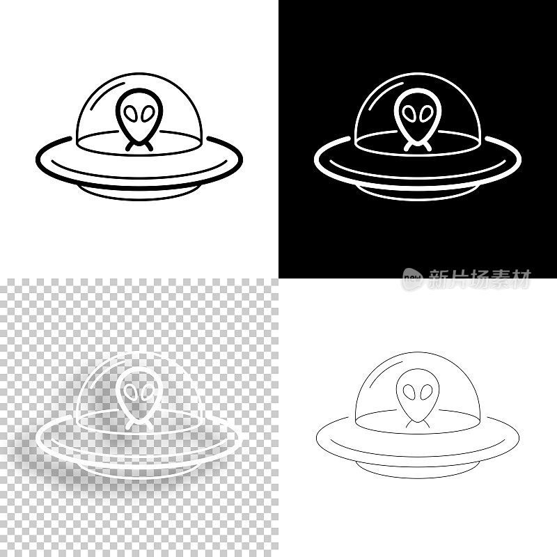 飞碟-飞碟上有外星人。图标设计。空白，白色和黑色背景-线图标