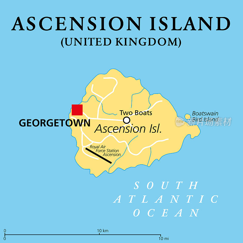 阿森松岛，政治地图，南大西洋的热带岛屿
