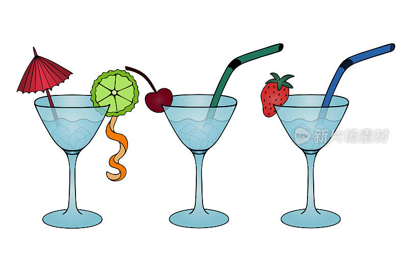 马提尼加冰块和一根吸管在酒杯里。矢量插图集。酒精饮料装饰草莓，樱桃，酸橙角，橘子皮和伞。孤立的背景。