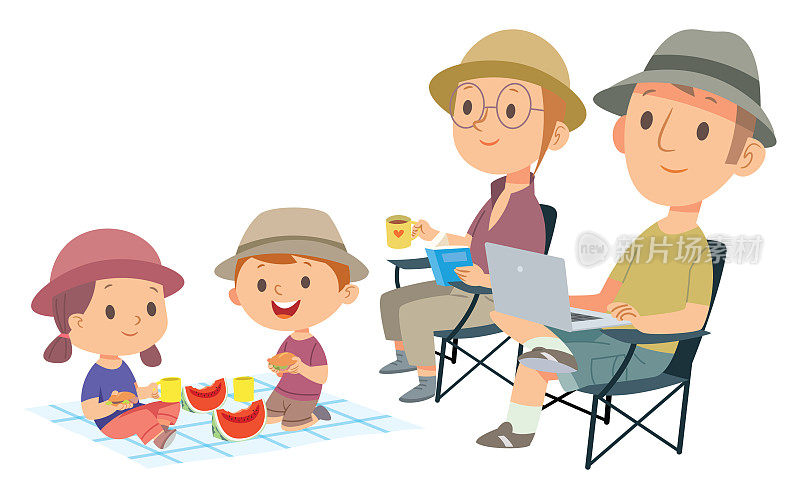 幸福的一家人在野餐。爸爸、妈妈、儿子和女儿在大自然中休息