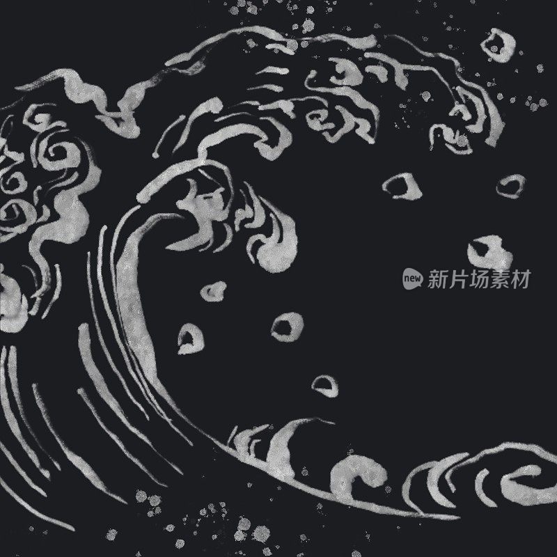 日本抽象背景与银色笔刷线画的海洋和波浪的形象。传统和经典的黑色背景方形横幅。动水溅