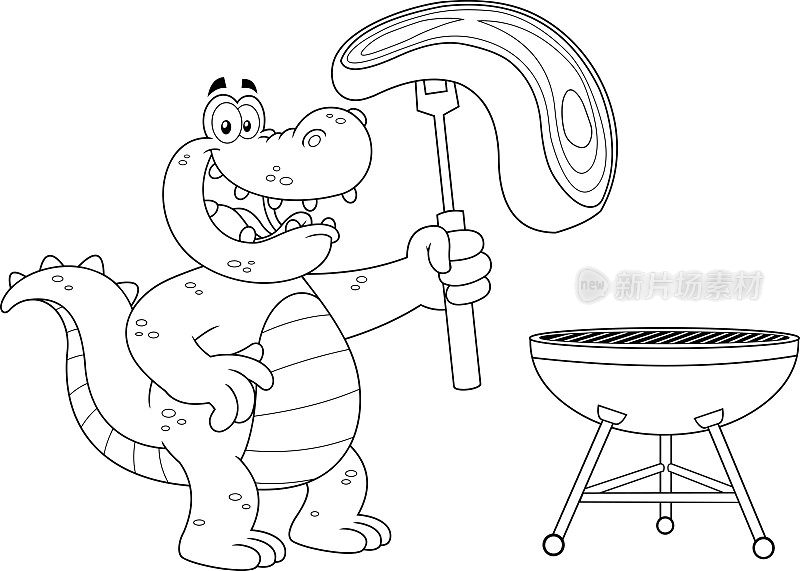 鳄鱼或鳄鱼卡通吉祥物手持生牛排在烧烤叉