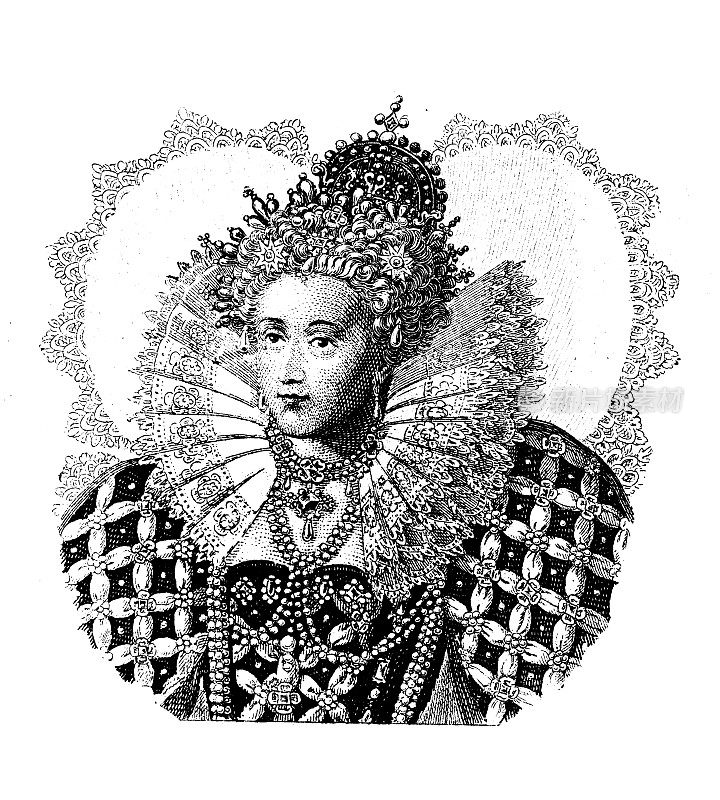 古董雕刻插图，文明:帽子和发型，女王伊丽莎白一世，1600年