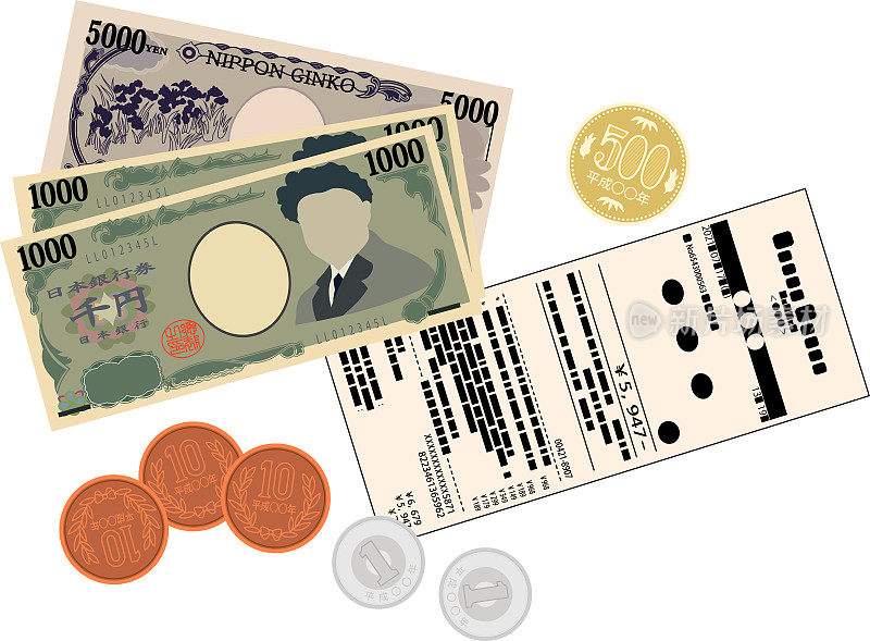 日元纸币、日元硬币和购物收据