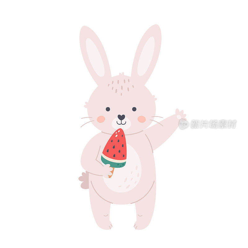 可爱的小白兔在用西瓜冰淇淋挥手。你好夏天，暑假，夏天的时间。手绘矢量插图