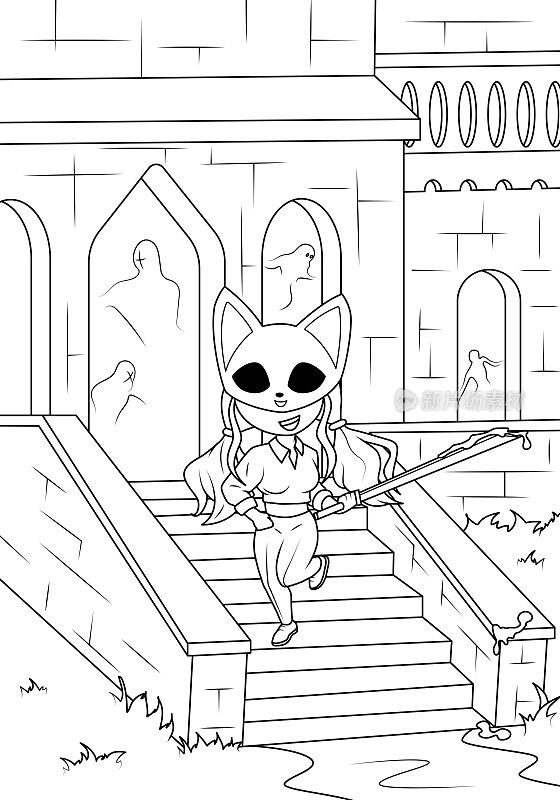 一个戴着面具、手持宝剑的可爱女孩站在闹鬼的城堡背景中。