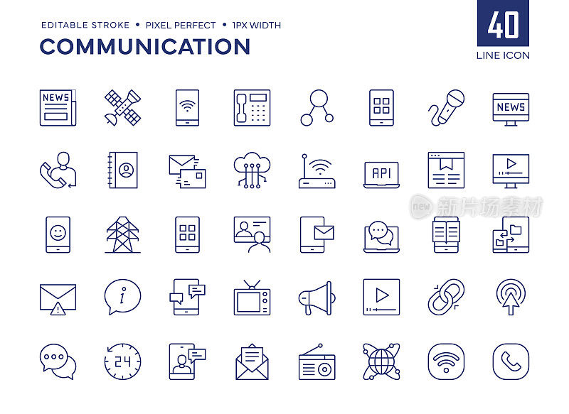 通讯线路图标集包含报纸，卫星，智能手机，电话，电子邮件，网页等图标。