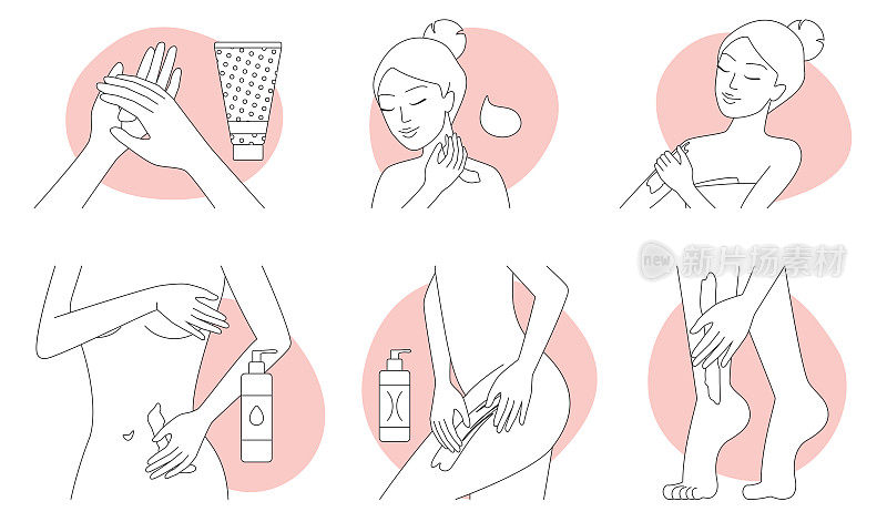 身体护肤细线图标集，护肤信息图收集女孩使用膏