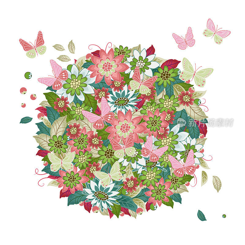 圆形花朵图案，蝴蝶和浆果。彩色花朵邀请卡。圆形状的花朵为您的设计