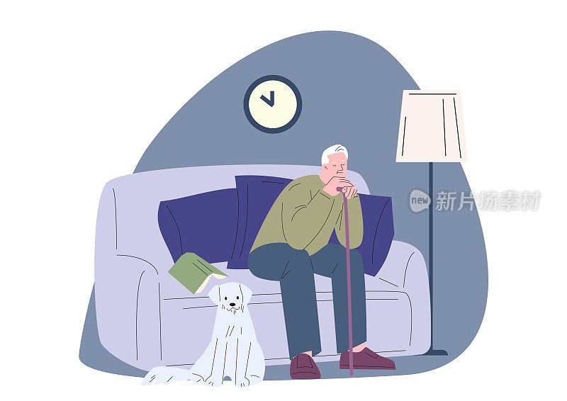 疲惫的老人带着狗睡在沙发上。晚年寂寞，男儿在家休息带小狗。平坦退休向量特征
