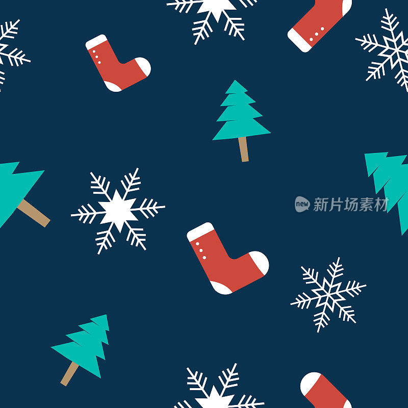 圣诞主题无缝重复图案创造的元素，如圣诞树，袜子和雪花，手绘矢量图案swatch的纺织品，织物，礼品包装，包装和网络背景。