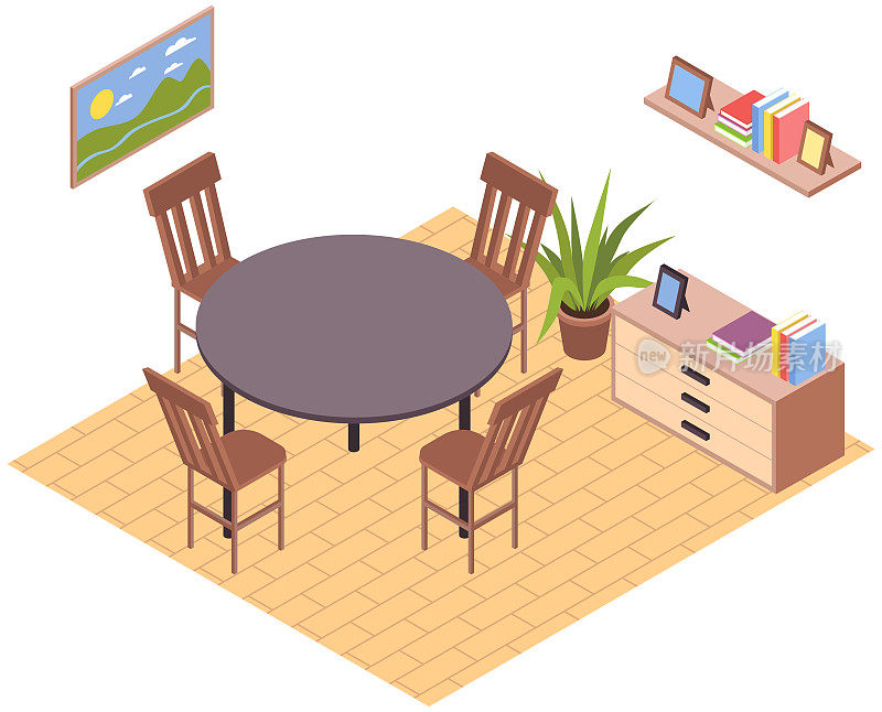 餐厅圆桌与木椅在现代室内客厅。舒适的家具公寓
