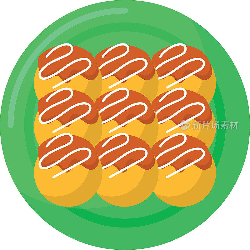 章鱼烧拼盘概念，球形日本小吃矢量颜色图标设计，亚洲菜系符号，最受欢迎的菜肴标志，街头小吃股票插图