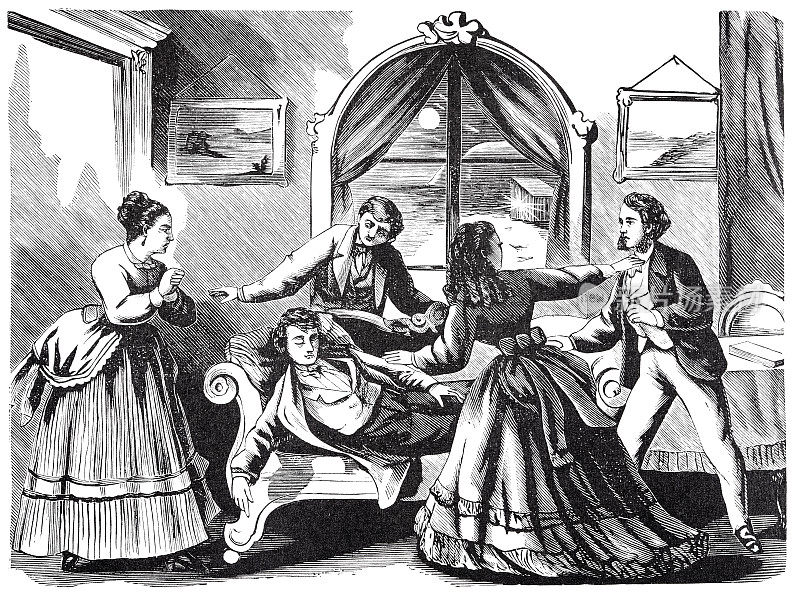 一个受伤的男人躺在沙发上，由两个女人和两个男人照料