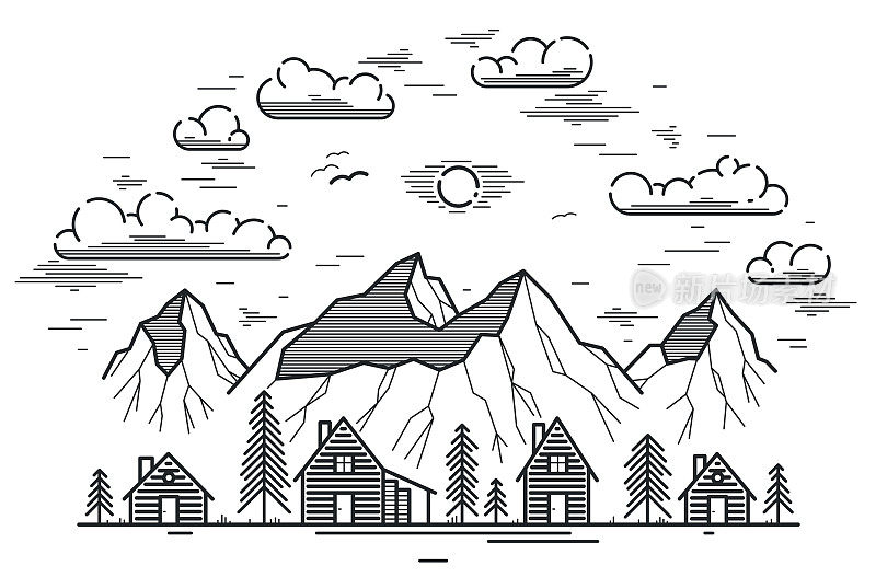 乡村村落在山峦间线性矢量插画孤立在白色上，木屋在树林里线条艺术绘画，乡村小木屋村舍，旅行在荒野中休息。