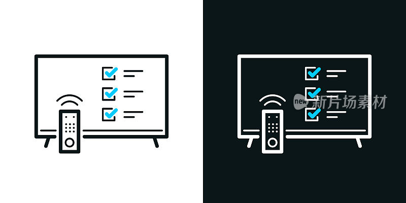 带检查表的电视。黑色或白色背景上的双色线图标-可编辑的笔画
