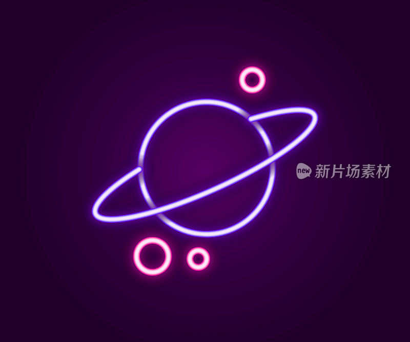 发光的霓虹灯线行星土星与行星环系统图标隔离在黑色背景。彩色轮廓概念。向量