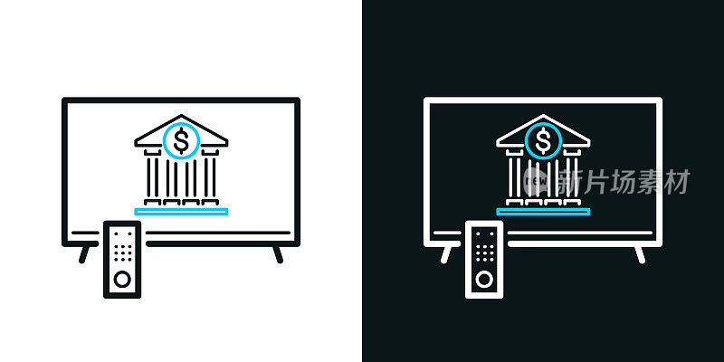 带银行的电视。黑色或白色背景上的双色线条图标-可编辑笔触