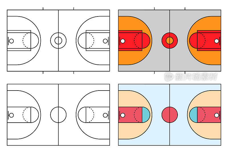 一套篮球场图标，地板拼花区，顶级美国运动符号，篮球场矢量插图