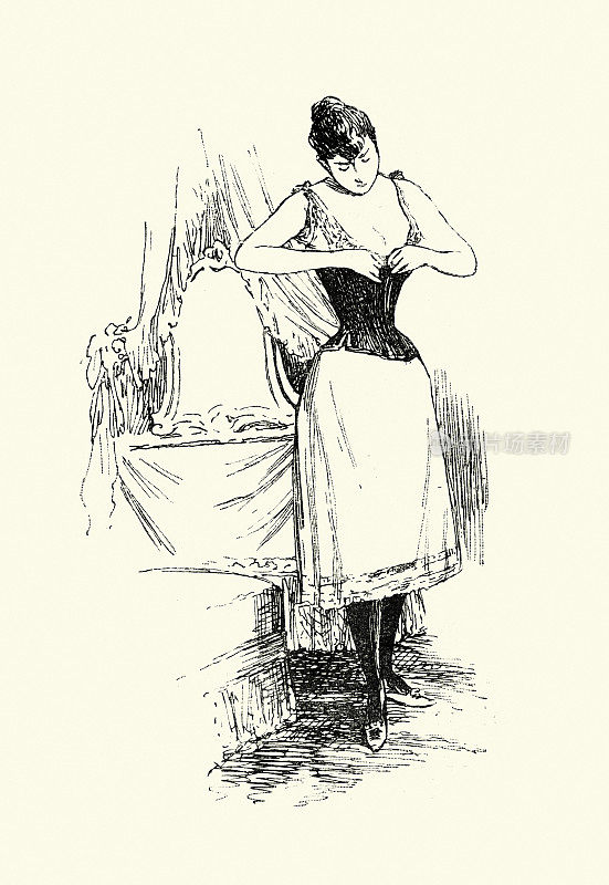 年轻女子穿衣服，穿上紧身胸衣，维多利亚，法国，19世纪