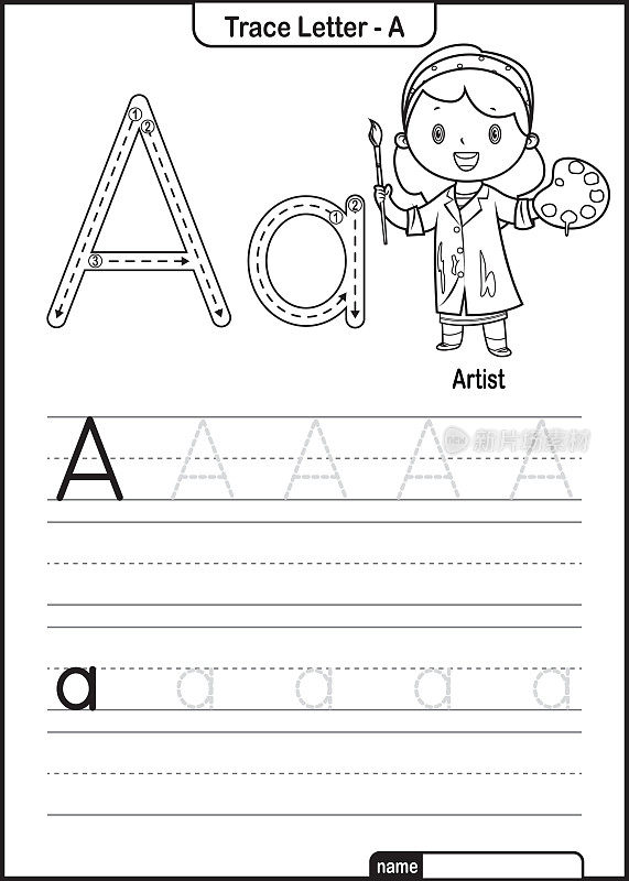 字母跟踪字母A到Z学龄前工作表与字母A艺术家亲矢量