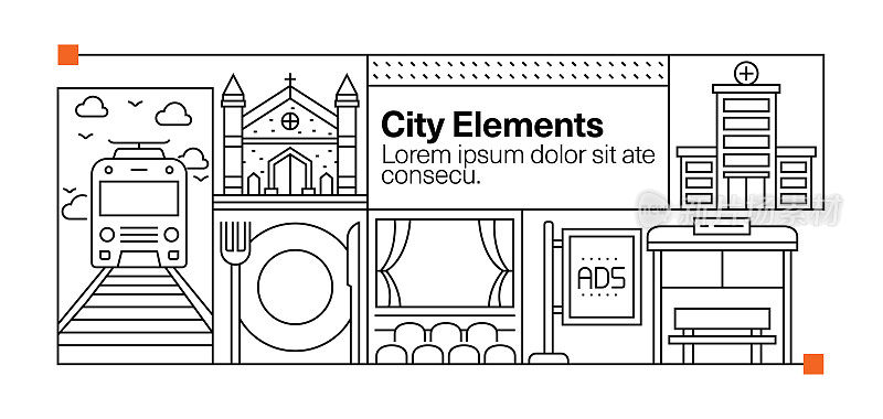 城市元素线图标集和横幅设计