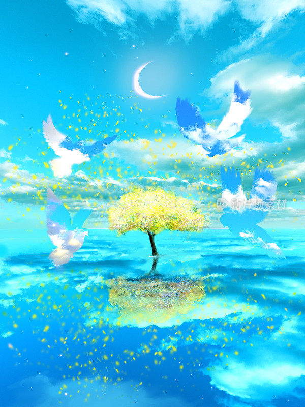 梦幻的背景插图黄色含羞草树上升到海上和天空蓝色的鸽子在他们周围飞行