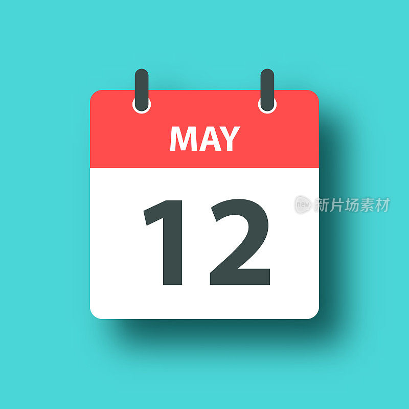 5月12日-每日日历图标在蓝色绿色背景与阴影