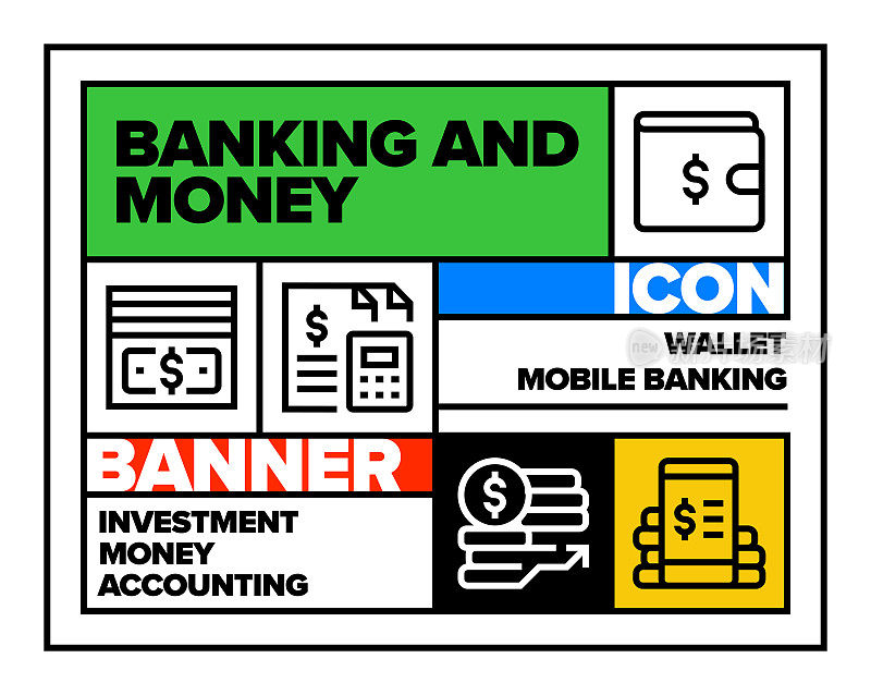 银行和金钱线图标集和横幅设计