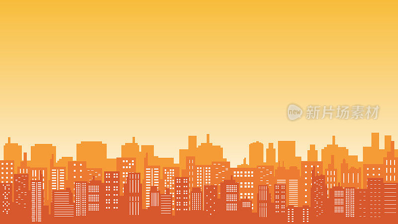 早晨的城市全景，许多高楼大厦和办公室都可以看到黄色的天空